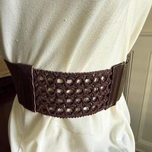 Faux Brown leather and textile stretch belt with gold buckle‎